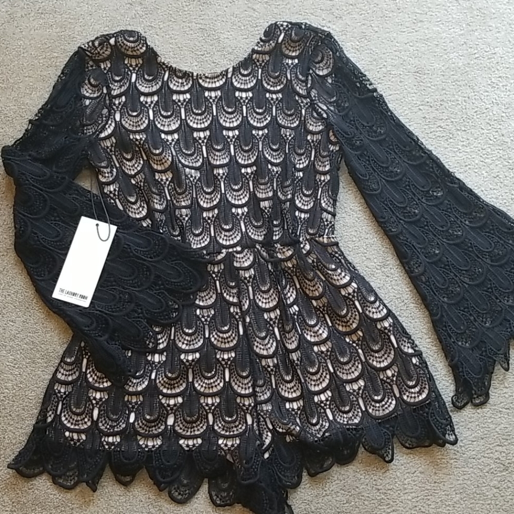 Black knit lace short romper